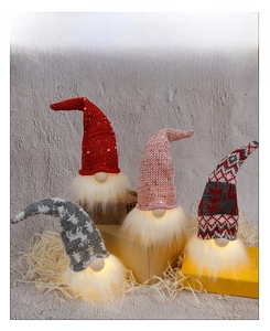 Detail of four light-up Christmas gnomes with glowing beards and knitted sequin hats