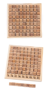 Close-up of wooden 9x9 multiplication table blocks for educational math learning