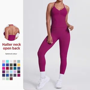 Damen Neckholder Sport BH Und Leggings Mit Hoher Taille Yoga Set Einfarbig Nylon Elastan Slim Fit Fitness Tracksuit Top And Bottom