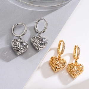 Hollow out gold plated heart earrings with zircon studs in silver and gold colors
