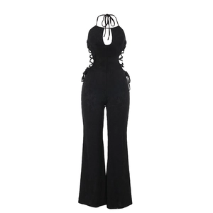 Slim fit black halter jumpsuit with waist cut-outs and wide leg trousers for women