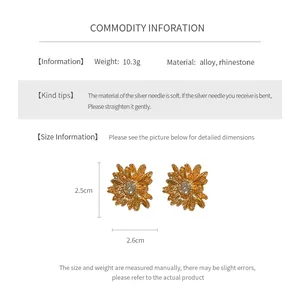 Detailed size specifications for flower stud earrings with alloy and rhinestone material