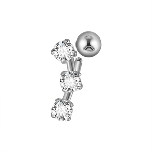 Polished silver stainless steel ear cartilage stud with three brilliant clear zircons