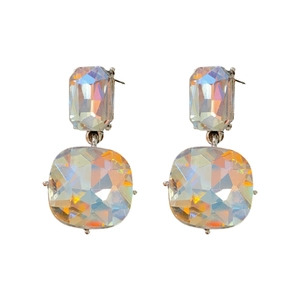 Elegant silver tassel earrings with geometric aurora crystals and shimmering rhinestones