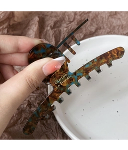 Dettaglio di pinza per capelli tartarugata con scritta dorata Barrette La France