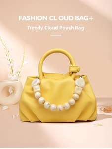 Modische gelbe Cloud-Tasche mit Perlenhenkel, trendige gefaltete Handtasche fur Damen