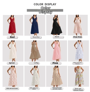 Color options of V-neck sleeveless maxi dress in various floral prints and solid shades