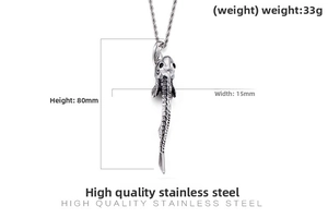 Detail view of 80mm stainless steel fish pendant showing texture and dimensions