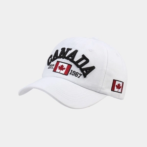 Close-up of white cotton baseball cap with Canada flag embroidery on the side panel