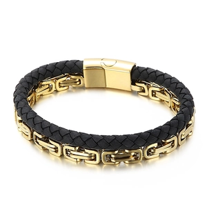 Herren Armband aus schwarzem geflochtenem Leder und goldener Edelstahlkette mit Magnetverschluss