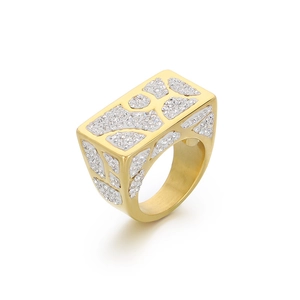 Luxurious gold geometric square statement ring with sparkling diamond pave crystals