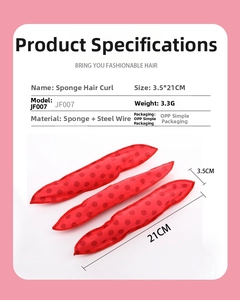 Detailed product size chart of red polka dot sponge hair curlers with dimensions 3.5x21cm
