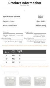 Size chart for cotton sleeveless long shirt dress with measurements in S, M, and L