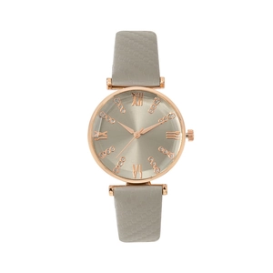 Fashionable women's leather watch with rose gold case and grey sunburst dial face