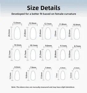 Detailed size chart showing widths and lengths for almond press-on nails in 15 sizes