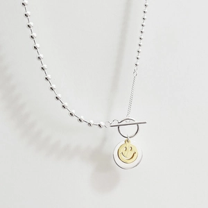 925 Sterling Silver Smile Face Round Tag Necklace Double Layer Pendant Simple Toggle Clasp Bead Chain Jewelry For Women