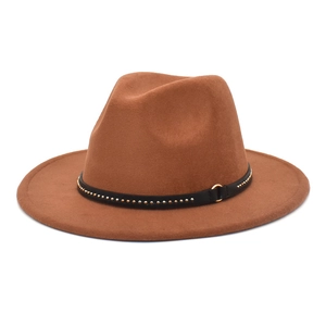 Brown wool fedora hat with a black studded leather band for women on a white background
