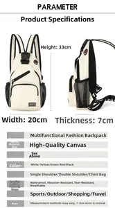 Detailed dimensions of white canvas chest bag with 20cm width and 33cm height