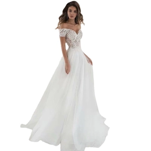 Elegant off-shoulder lace wedding dress with a layered white tulle A-line skirt