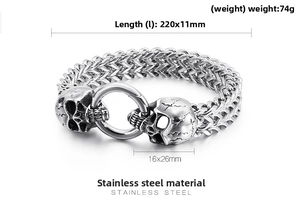 Détails du bracelet tête de mort en acier 304 avec dimensions et poids de 74g affichés
