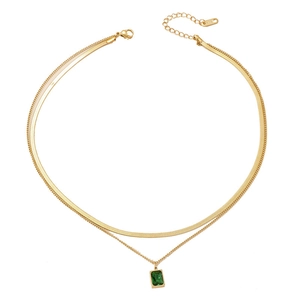 Double-layer gold stainless steel necklace with green emerald pendant and snake chain