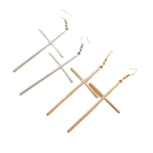 Punk style long cross drop earrings in silver and gold metal finish for a fashion look