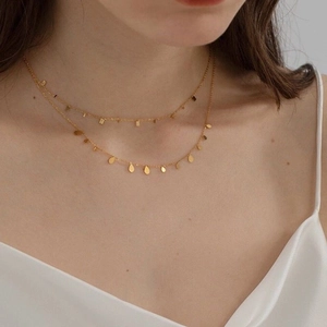 Double-layered 18K gold plated necklace set with square and teardrop metal charms