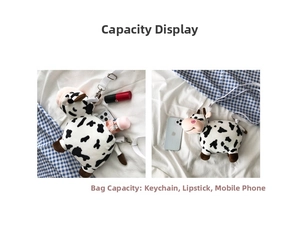 Internal capacity of cow print plush crossbody bag showing phone, keys, and lipstick