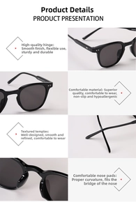 Detail view of smooth metal hinges and ergonomic nose pads on black round sunglasses