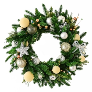 60cm faux pine Christmas wreath with gold ornaments, silver stars, and LED lights