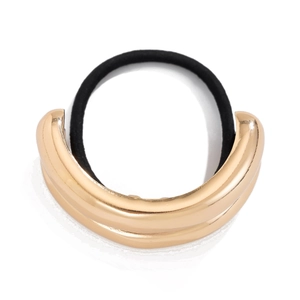 Detailed view of a minimalist C-shaped golden metal hair ring with a black elastic band
