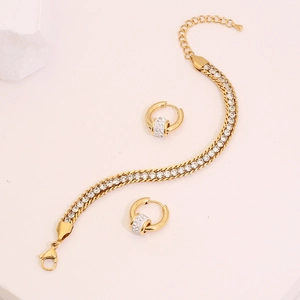 Gold plated stainless steel jewelry set with full crystal heart bracelet and stud earrings