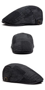 Detailed views of vintage patchwork flat cap with striped fabric and adjustable metal side buckle