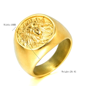 Detail shot of golden lion head ring with 18MM width and 20.4G weight specs