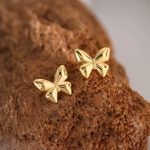 Close-up of polished gold butterfly stud earrings on textured reddish-brown rock