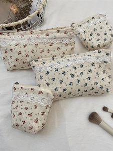 Floral Makeup Bag Cotton Linen Cosmetic Storage Pouch With Lace Trim Zipper Closure Pastoral Portable Organiser For Women