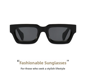 Detail of vintage square sunglasses with thick black concave frames and dark gray lenses