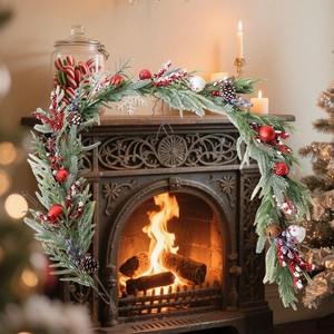 Christmas Garland Artificial Pine Needle With Red Berries Natural Pine Cones LED Lights Snow Tipped Holiday Mantle Door Decor