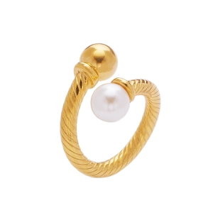 Twisted gold stainless steel open ring with a single white pearl and a gold bead