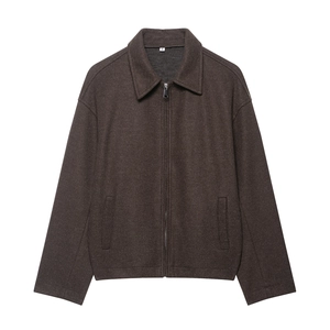 Veste minimaliste en laine marron foncé pour femme avec col à revers et fermeture éclair