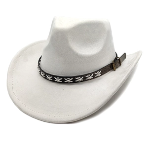 Detailed close-up of white suede cowboy hat featuring brown strap with cross stitching