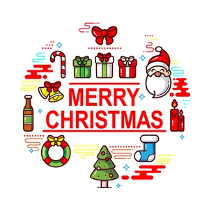 Merry Christmas static window stickers with Santa, tree, and gift icons for holiday decoration