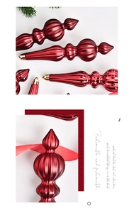 Close-up of deep red teardrop Christmas ornaments with shiny electroplated finish