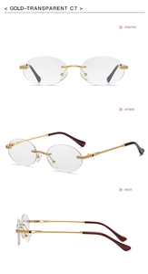 Three-way view of gold rimless oval sunglasses showing frame details and clear lenses