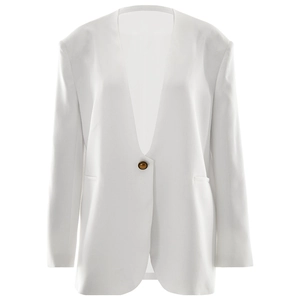 Detailed shot of white v-neck blazer featuring a distinctive amber button closure