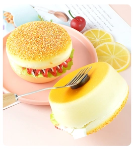 Detailed view of soft PU foam burger squishy toy with realistic bread and lettuce texture