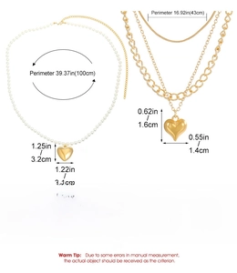 Detailed dimension guide for vintage heart pearl belt and layered gold chain accessory