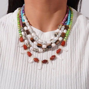 Bohemian multilayer necklace with natural gemstones, white pearls and crystal pendant