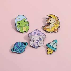 5pcs cute enamel pins set featuring space frogs, mushrooms and rocket on pink background