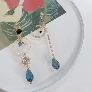 Elegant s925 silver needle asymmetric gold earrings with blue waterdrop moon pendants